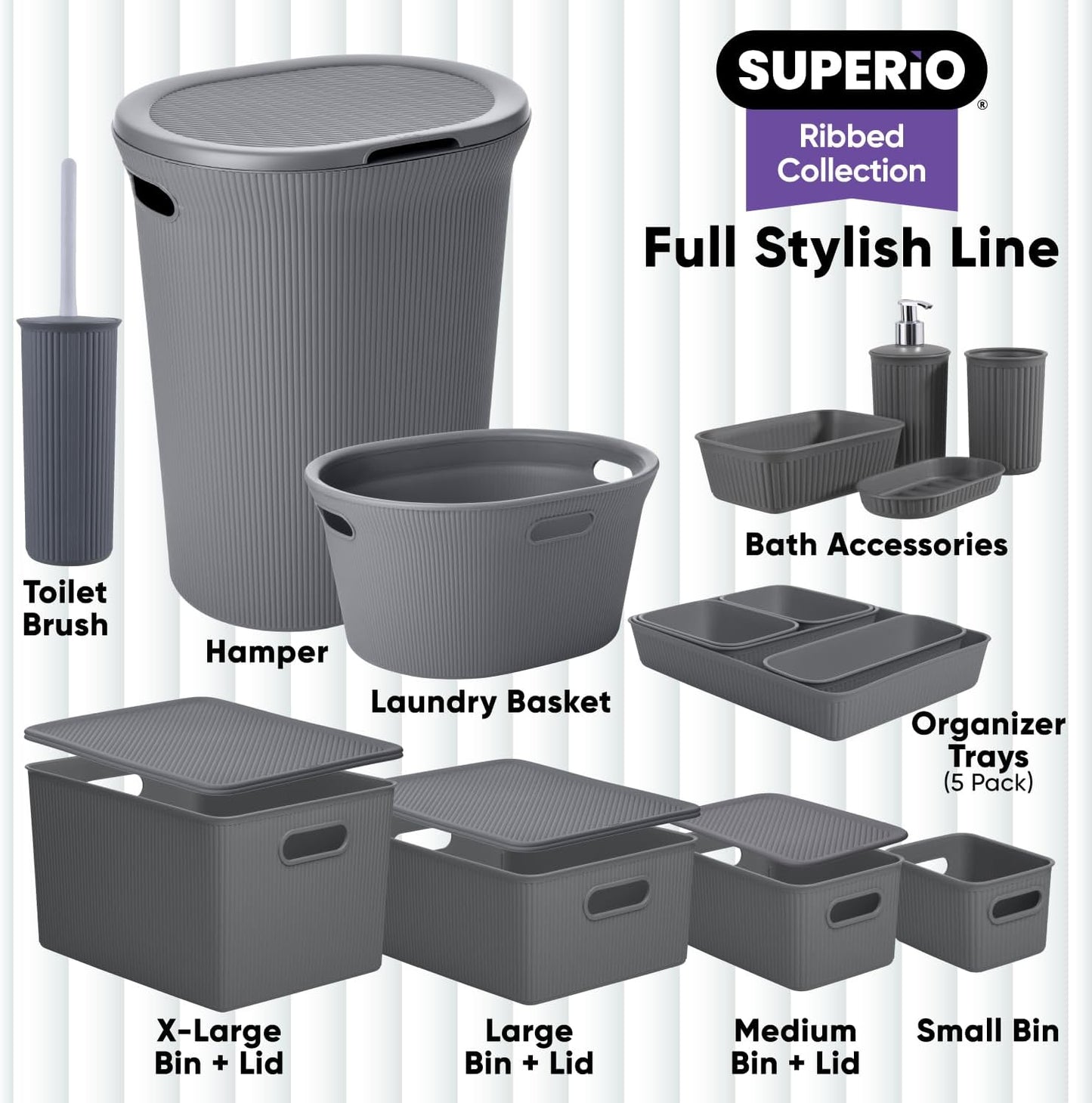 Superio Ribbed Collection Decorative Plastic Open Home Storage Bins, Large Grey (2 Pack), 15 Liter/16 Quart