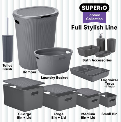 Superio Ribbed Collection Decorative Plastic Open Home Storage Bins, Large Grey (2 Pack), 15 Liter/16 Quart