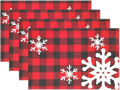 Christmas Red Plaid Snowflake Placemats, Set of 6, Heat-Resistant, Washable Table Mats for Kitchen Dining Decoration