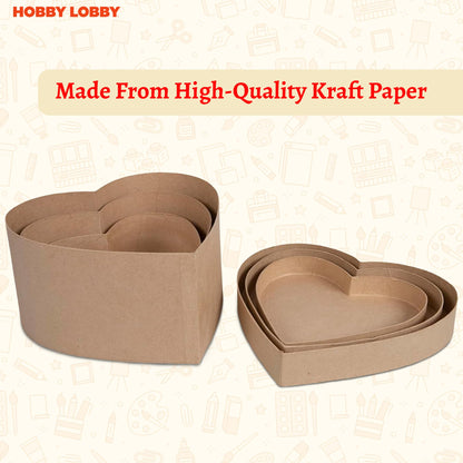 Heart Paper Mache Boxes with Lids (Set of 3) - Brown Kraft Paper Nesting Gift Boxes - Crafting Paper Mache Heart Box with Lid for Custom Decoration - Durable Paper Mache Box for Versatile Storage