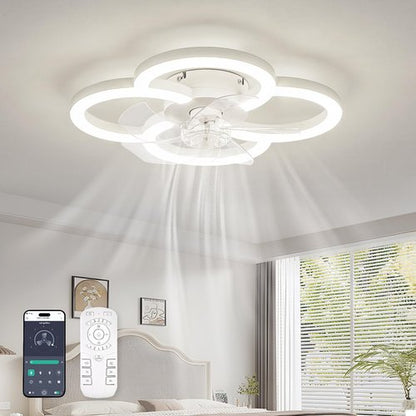 FTZVRD Low Profile Ceiling Fans with Lights and Remote, Fandelier Ceiling Fan Flush Mount, 3000K-6500K Smart 5 Blades LED Fan Light, Small Ceiling Fans with Lights for Bedroom, Kitchen