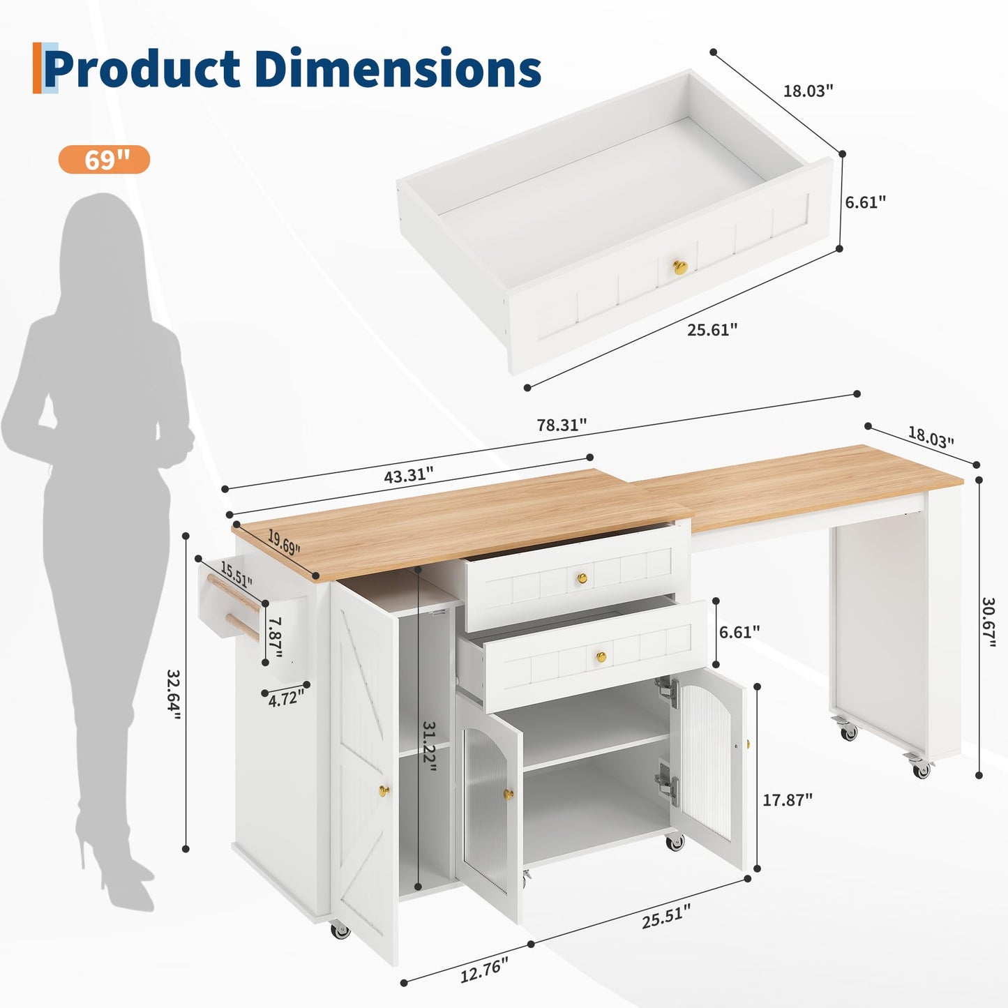 Garvee 78.3” Rolling Kitchen Island with Extendable Table, Storage Cabinet, Drawers & Shelves, White Modern Mobile Island Cart on Wheels, Island Table with Seating for Kitchen, Dining Room, Home Bar