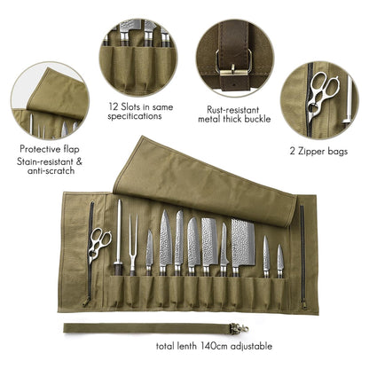 HEZHEN Chef Knife Roll Bag 16oz Oil Waxed Canvas, Heavy Duty Portable Backpack Knife Case Storage, 12 Slots & 2 Zipper Pockets, Detachable Adjustable Leather Shoulder Strap Belt（Not Included Knives）
