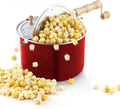 Cook N Home 6-Quart Aluminum Stovetop Popcorn Popper with Crank, Red Popcorn Pot