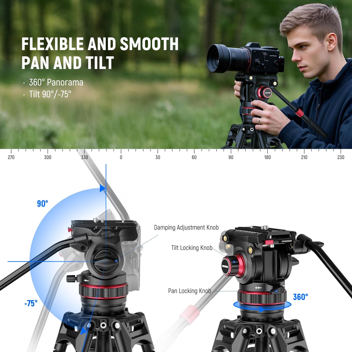 NEEWER 78" Video Camera Tripod Carbon Fiber with Damping Adjustable Fluid Head, One Step Quick Release with QR Plate & Handle, Heavy Duty Tripod Stand for DSLR Cameras Camcorders, Max Load 22lb, LL37