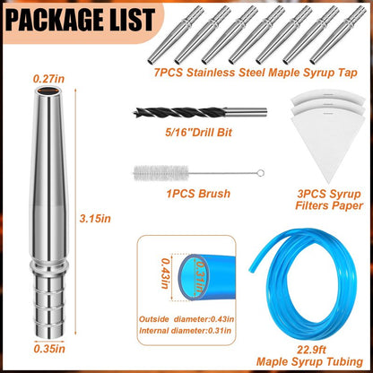 13Pcs Maple Syrup Tree Tapping Kit Include 7 Stainless Steel Maple Taps,22.9ft Maple Syrup Tubing,3 Maple Sap Filter,1 Cleaning Brush,1 Maple Tap Drill Bit for Maple Syrup Collection Supplies