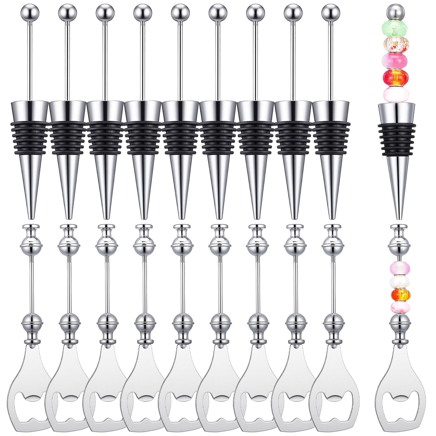 AOZUO 20 Pcs Beadable Wine Stoppers Beadable Beer Opener Set, Bottle Opener Decorative Beaded Wine Bottle Stopper Reusable Alloy Saver for DIY Crafts Bar Party Favor Gifts