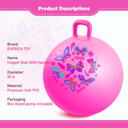EVERICH TOY Hopper Ball, Pink Butterfly Hopping Toys for Kids, 18 Inch Bouncy Ball with Handle, Indoor Outdoor Inflatable Hoppity Hop Toy for Girls Boys Gift with Free Pump