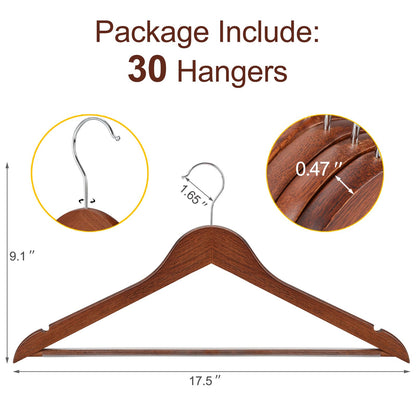 TOPIA HANGER Walnut Wooden Hangers 30 Pack, Wood Clothes Hangers, Durable Coat Hanger with 360-Degree Rotatable Hook, Non-Slip Pants Bar and Shoulder Notches for Camisole Tops - CT34WA30