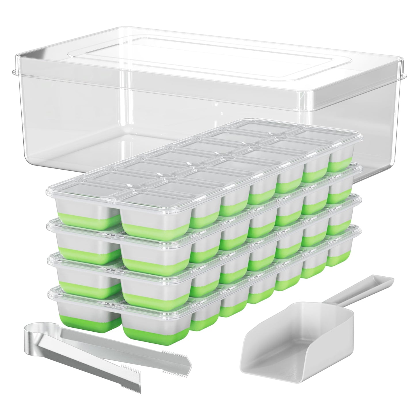 AISLE 3 ESSENTIALS Ice Cube Tray Set – 4 Silicone Trays with Lids, Ice Bucket, Scooper & Tongs – Reusable BPA-Free Ice Maker for Freezer, Cocktails, Whiskey, Coffee, Baby Food & Kitchen Storage