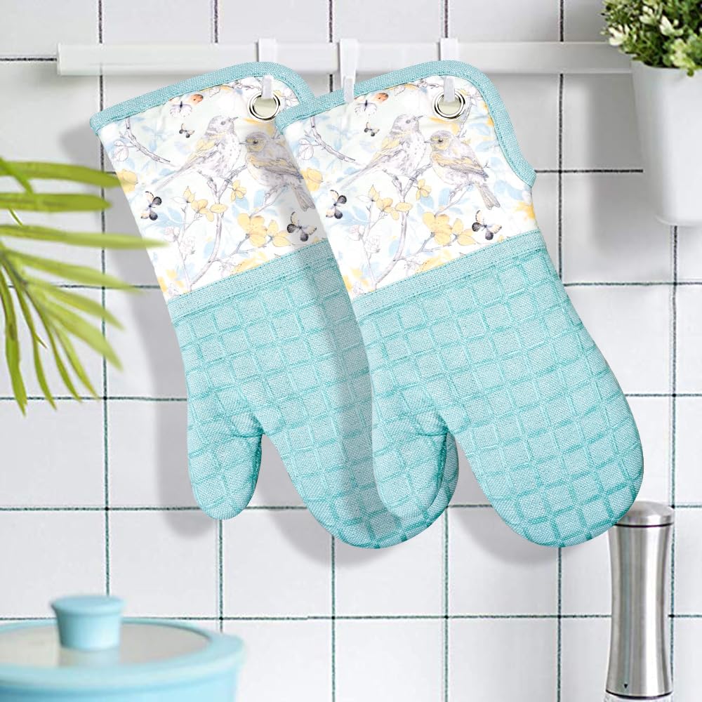 Silicone Printing Oven Mitts Heat Resistant to 500 Degree,Yarm-Dyed Oven Gloves with Animal Design Non-Slip for Kitchen Cooking Barbecue Baking and Machine Washable. (Light Blue Mitts)