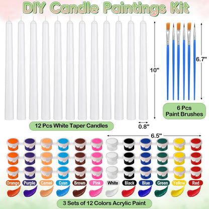 MTLEE 54 Pcs DIY Candle Painting Kit Include White Candles Colorful Acrylic Paint Strips and Paintbrushes for Crafts Making Wedding Birthday Party Centerpiece (Taper)