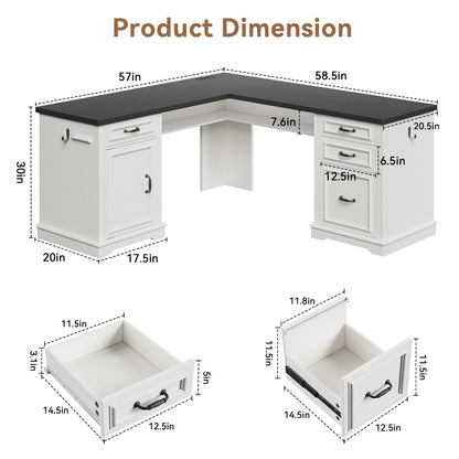 Jocoevol L-Shaped Executive Desk with Drawers, 59" Farmhouse Home Office Desk with File Cabinet, Computer Desk with Charging Station & Headphone Hook for Work/Study/Writing (White & Black)