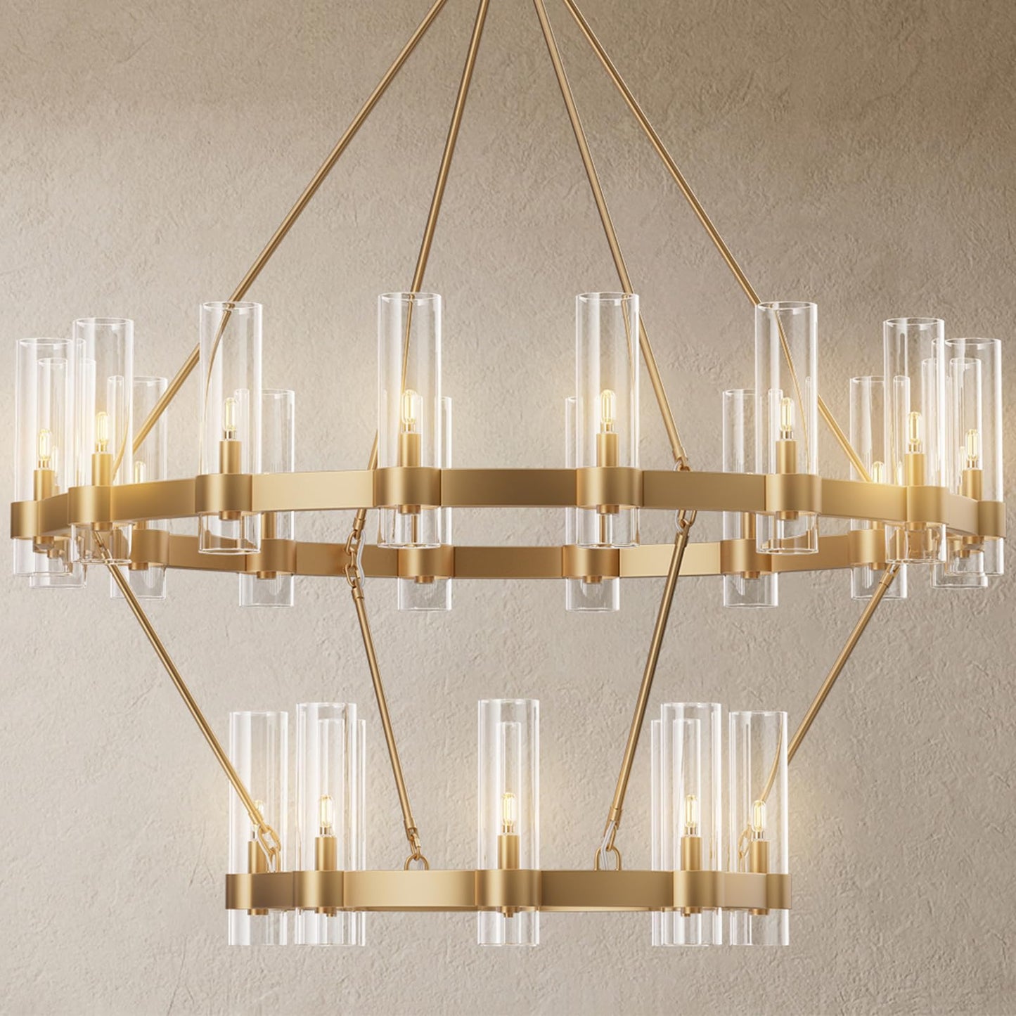 YIOSI 48" Gold Chandelier, 2 Tier Wagon Wheel Chandelier with Glass Shade, 24-Lights Large Round Modern Farmhouse High Ceilings Pendant Lighting Fixture for Dining Room, Living Room, Kitchen, Foyer