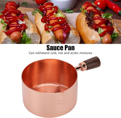 Sauce Pan with Wooden Handle, Rose Gold Stainless Steel Cooking Pot, 1.3 Cup Capacity