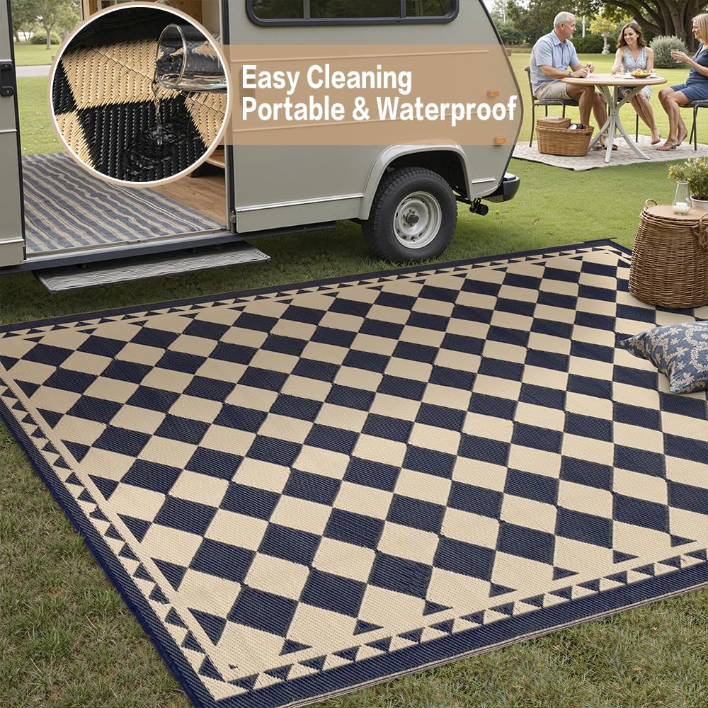 HUGEAR Outdoor Rug for Patios Clearance,Waterproof Mat,Large Outside Carpet,Reversible Plastic Straw Camping Rugs,Rv,Porch,Deck,Camper,Balcony,Backyard (5x8,Checkered/Black&Beige)