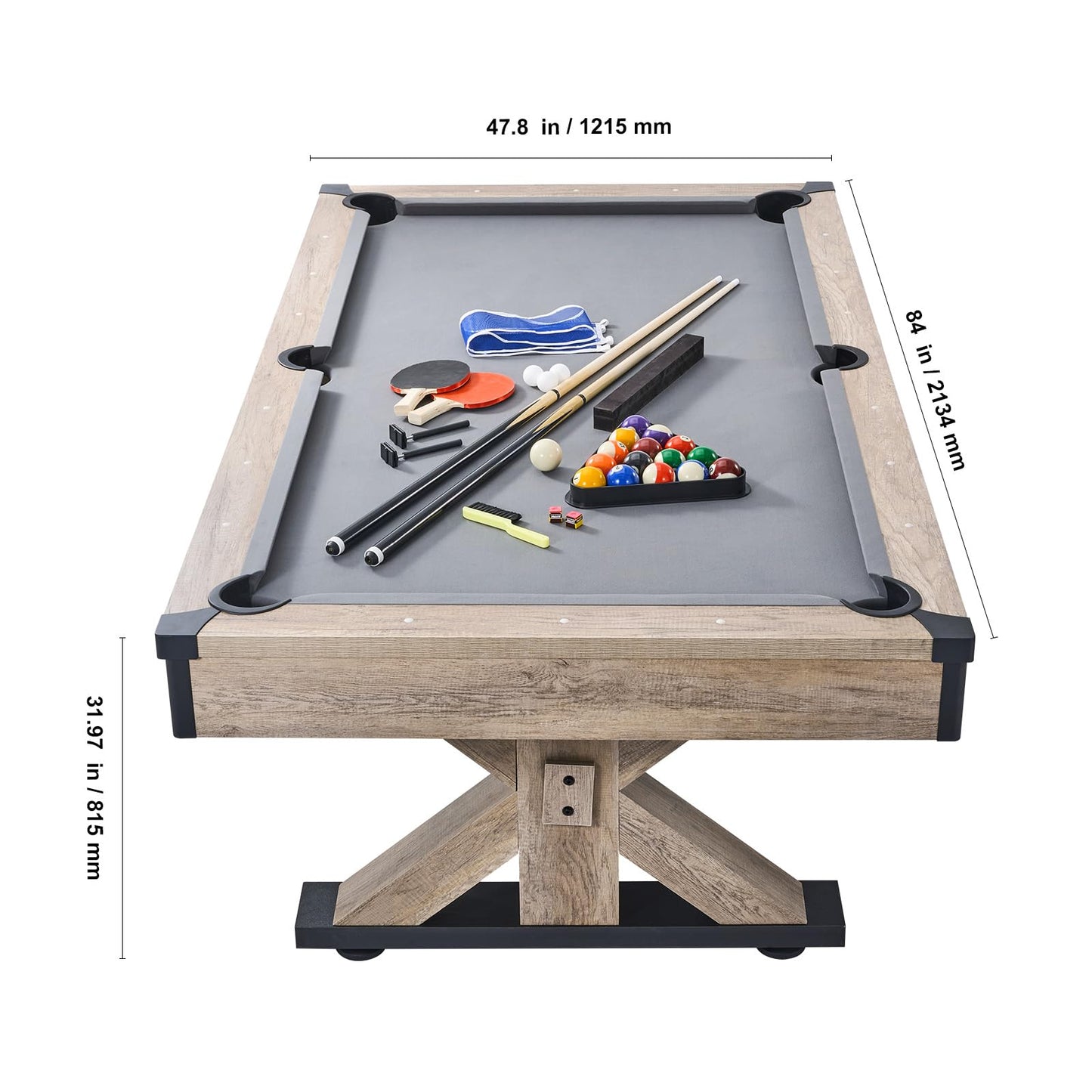 VEVOR 7ft Billiards Table Combo Set, 3-in-1 Multi Game Table with Dining, Pool, and Tennis Table, for Family Game Room Adults, Includes Full Set of Accessories, Wood Color with Grey Cloth
