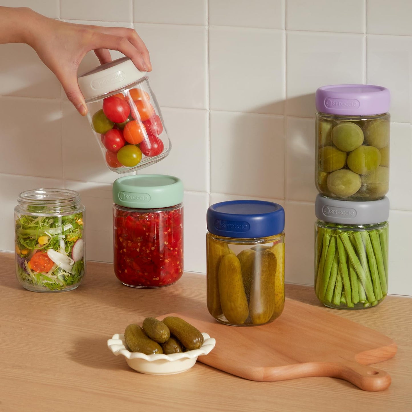 Spreccio 6 Pack 16oz Glass Jars with Lids, Overnight Oats Containers with Lids, Yogurt Jars for Chia Pudding Salad Cereal Coffee Seed Kimchi Jam Spices