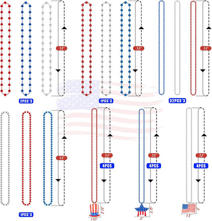 120PCS 4th Moon Boat of July Accessories Necklaces: Blue White and Red Beads Bulk, Patriotic Party Independence