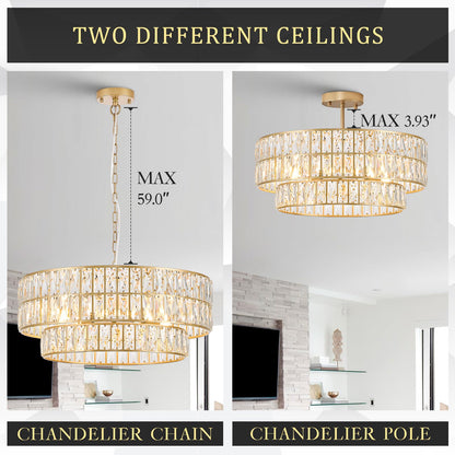 CATINER 24'' Modern Crystal Chandelier 8-Lights Luxury Gold Semi Flush Mount Ceiling Light Fixtures Round Crystal Pendant Chandelier for Living Room Dining Room Foyer Bedroom Kitchen