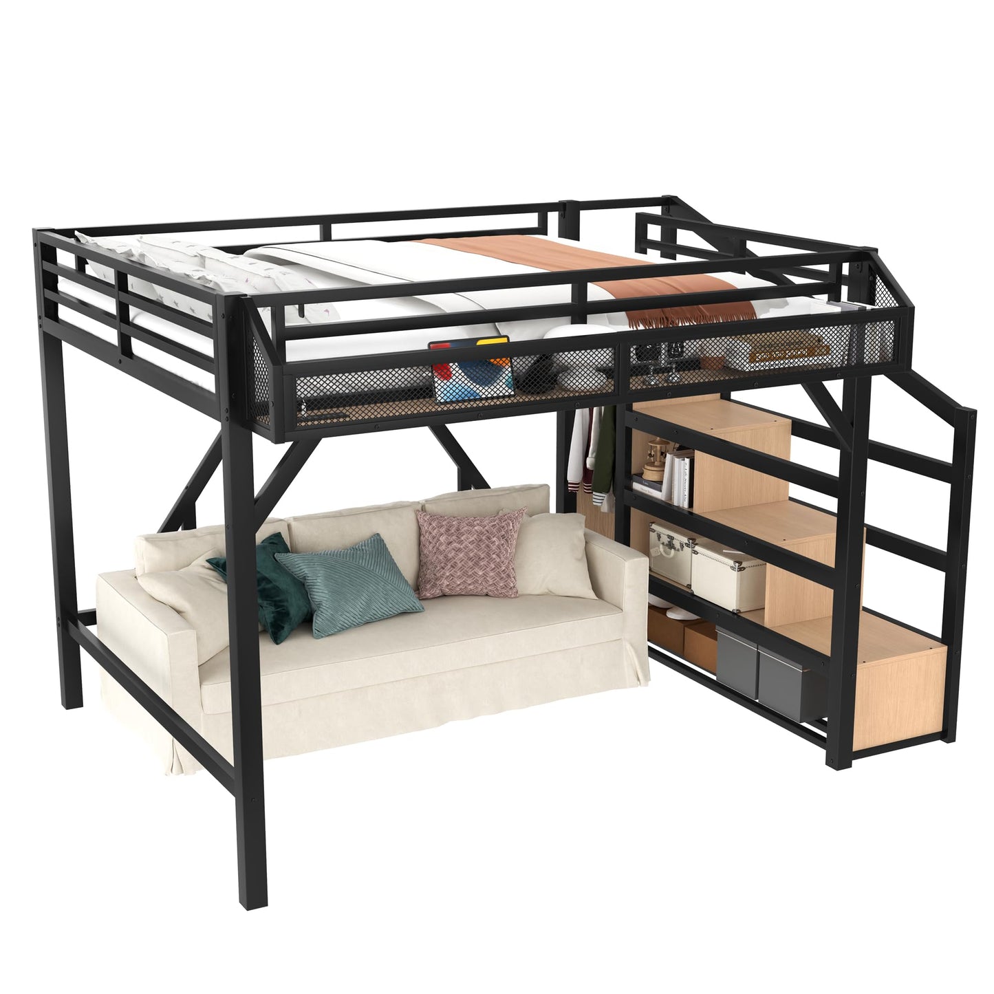Bellemave Queen Size Loft Bed with Stairs and Wardrobe,Heavy Duty Metal Loft Bed Frame with Shelves,LED Lights and Charging Station for for Kids,Teens,Adults,Natural Wood