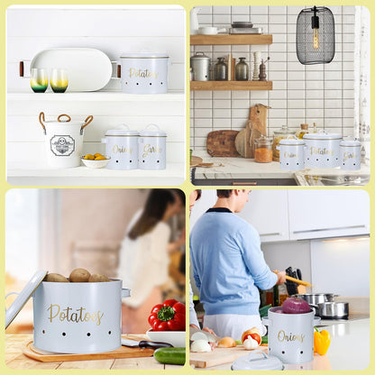 OwnMy Set of 3 Potato Onion Garlic Storage Bins Vegetable Containers Food Containers for Kitchen Counter, Potato Onion Storage Containers for Pantry Garlic Store Jars Vegetable Canisters Set, White