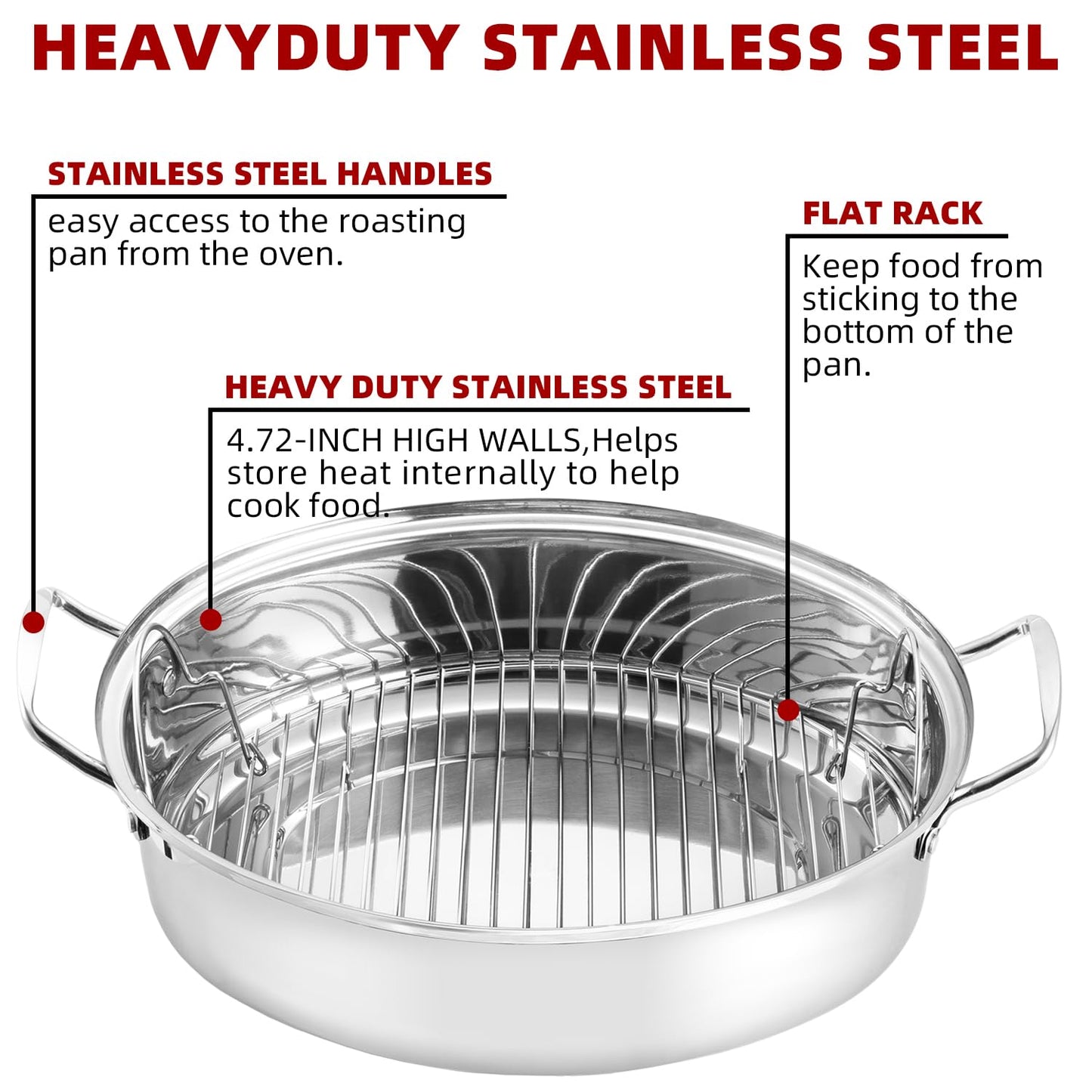 Roasting Pan With Rack and Lid,Oval Stainless Steel Turkey Roasting Pan,22INCH(With Handle), Dishwasher Safe Bakeware for Turkey,Roasted Chicken,Beef or Veggies,by DIMESHY