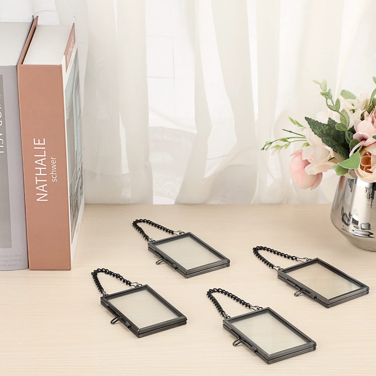 JUXYES Set of 4 Mini Wall Hanging Brass Frame for Pressed Flowers, Glass Hanging Picture Artwork Display Frames, Double Glass Floating Style Gallery Wall Frame for Picture, Pressed Flower, Poster, etc