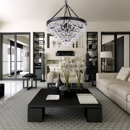 Wellmet Modern Crystal Chandeliers, 6 Lights Black Chandeliers for Dining Room, Farmhouse Ceiling Light Fixture for Foyer, Bedroom, Living Room, Entryway, Kitchen Island, 20”Dia