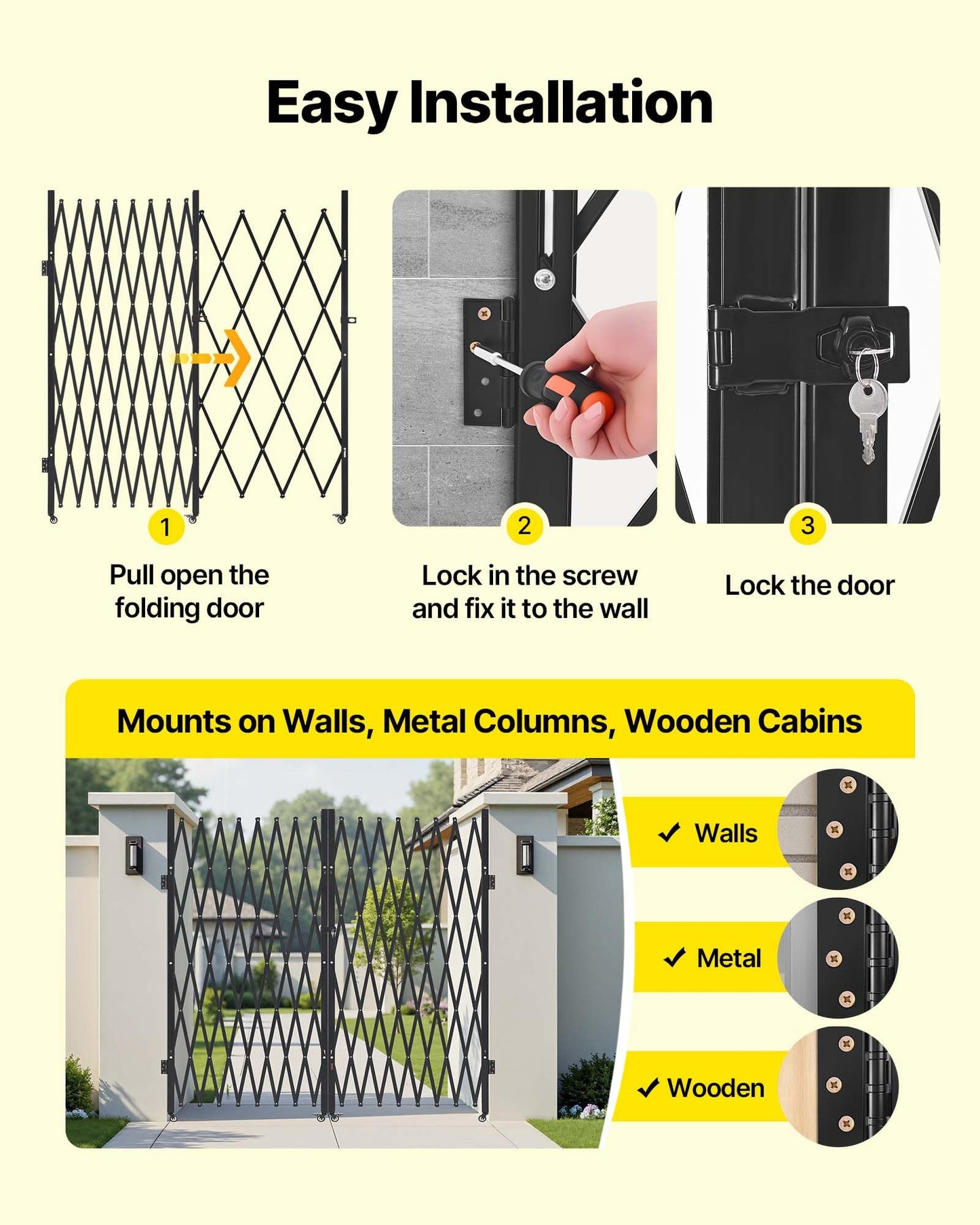 VEVOR Double Folding Security Gate, Lockable Scissor Gate with 360° Swivel Casters, Outdoor Barricade Steel Retractable Gates, for Entry Security, Garage, Warehouse & Pool, 155.12 x 86.81 in (W x H)