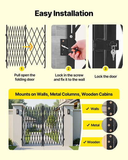 VEVOR Double Folding Security Gate, Lockable Scissor Gate with 360° Swivel Casters, Outdoor Barricade Steel Retractable Gates, for Entry Security, Garage, Warehouse & Pool, 155.12 x 86.81 in (W x H)