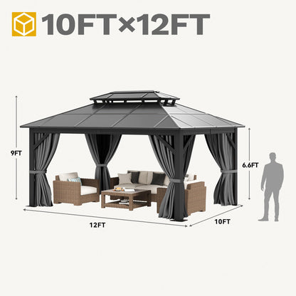 DWVO 10x12ft Gazebo Hardtop Double Roof Polycarbonate Canopy Outdoor with Netting and Shaded Curtains, Metal Frame Garden Tent for Patio, Backyard, Deck and Lawns, Gray