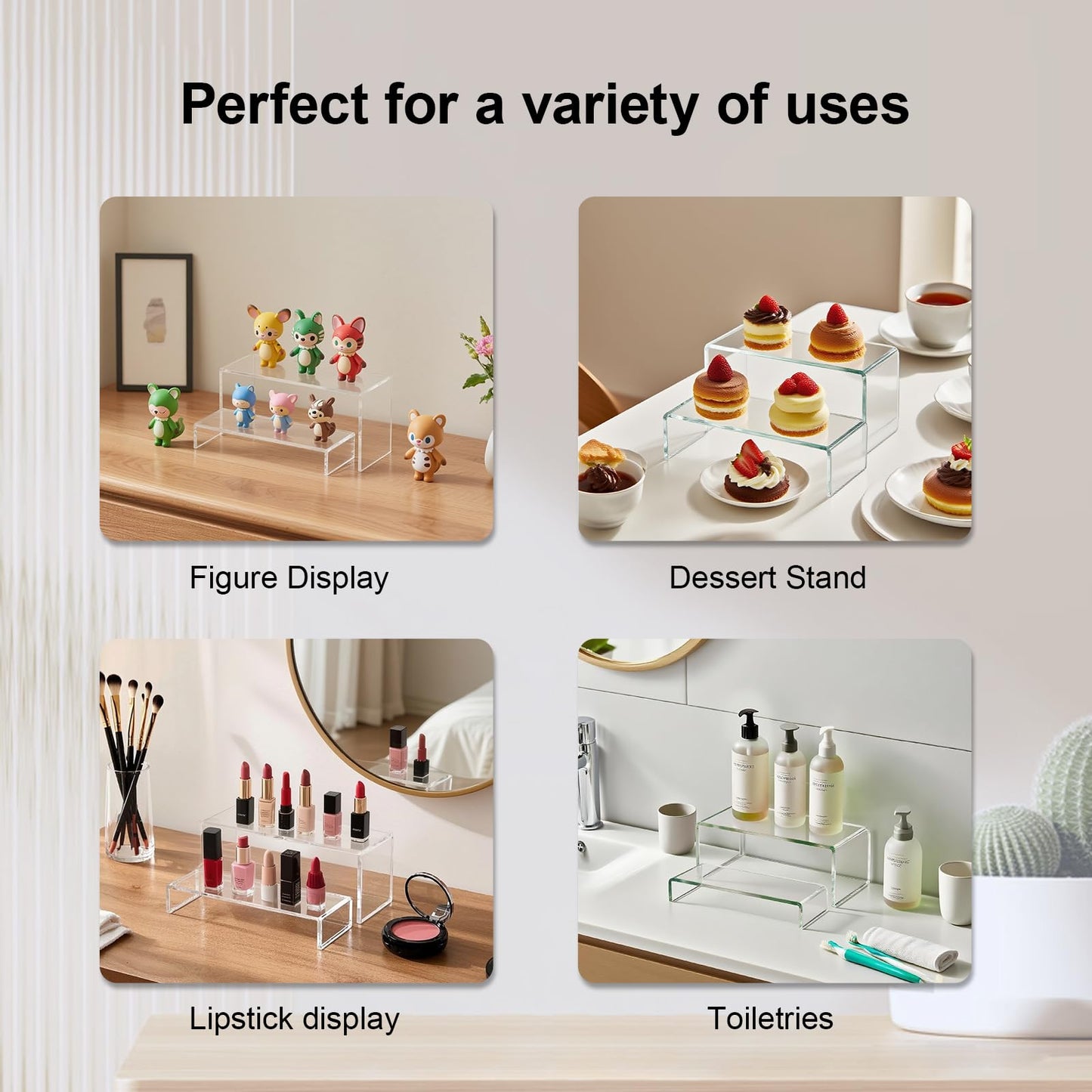 OVNTHYK Acrylic Risers 8 Pcs – Clear Rectangular Display for Perfume Organizer, Figures, Jewelry, Dessert Table & Cupcake, 4 Sizes (7", 8", 9")