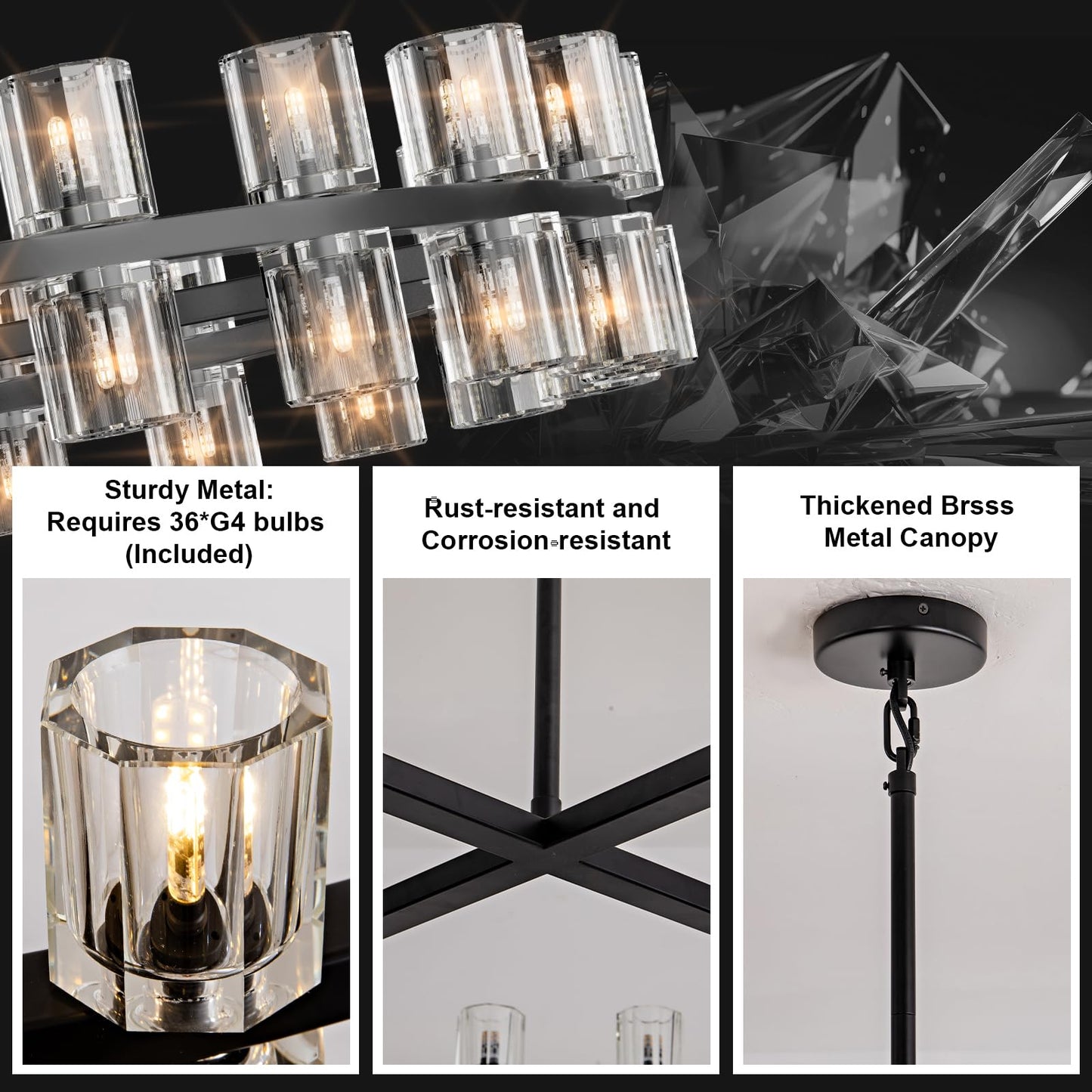 Plsintly Modern Black Crystal Chandelier,36" K9 Crystal Chandeliers for Dining Room Over Table,Wagon Wheel Chandeliers for Dining Room,Living Room,Foyer,Includes 36XG4 Bulbs