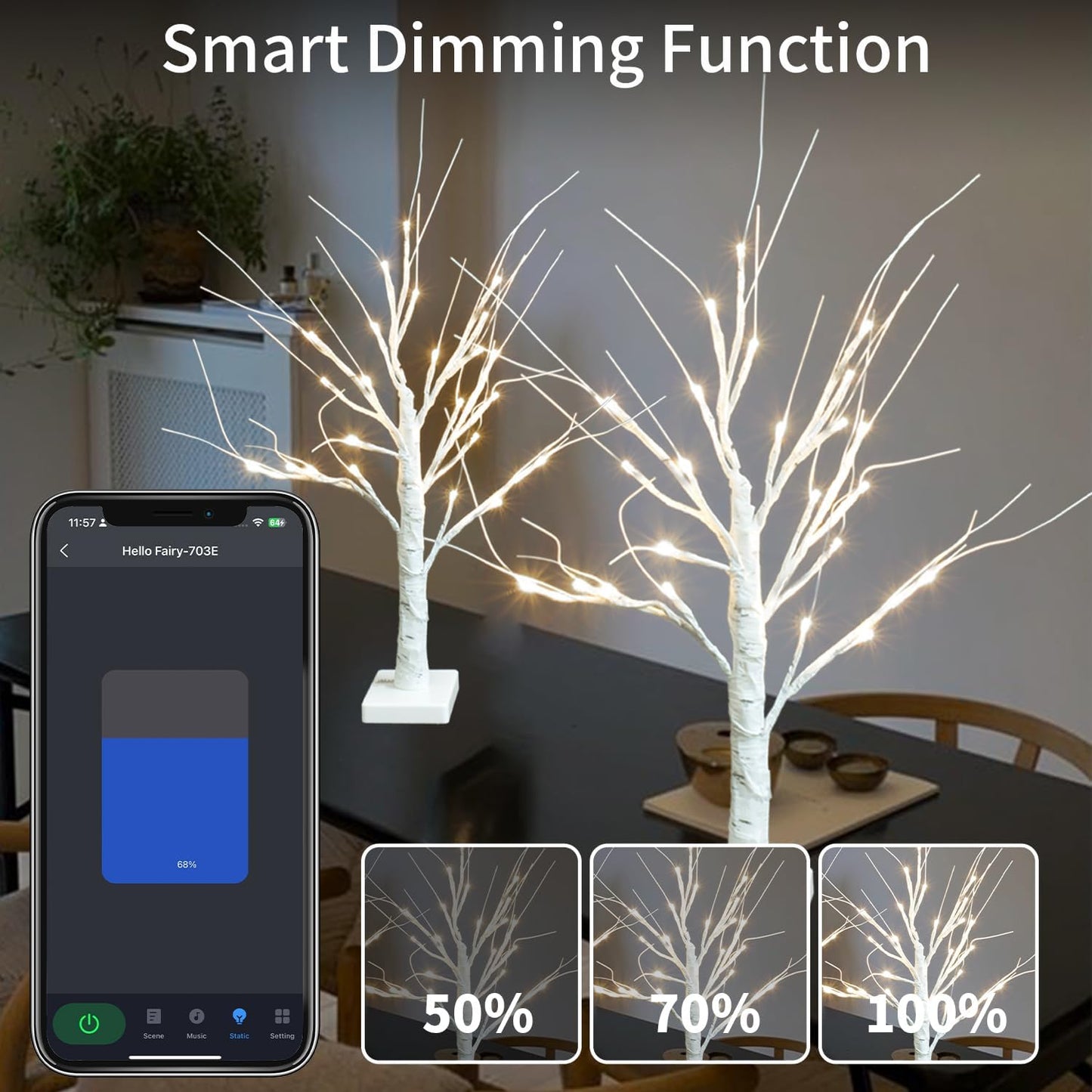 2FT 18 Dimmable, 2 Pack Smart Birch Tree with LED Lights, Bluetooth App Controlled, Modes, Timer, Music Sync, Warm