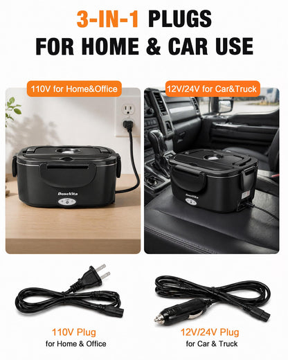 Dosevita Electric Lunch Box for Adults, 80W Heated Lunch Box 1.5L 304 Stainless Steel Portable Food Warmer,12/24/110V Lonchera Eléctrica Portátil for Car, Truck, Work, Travel