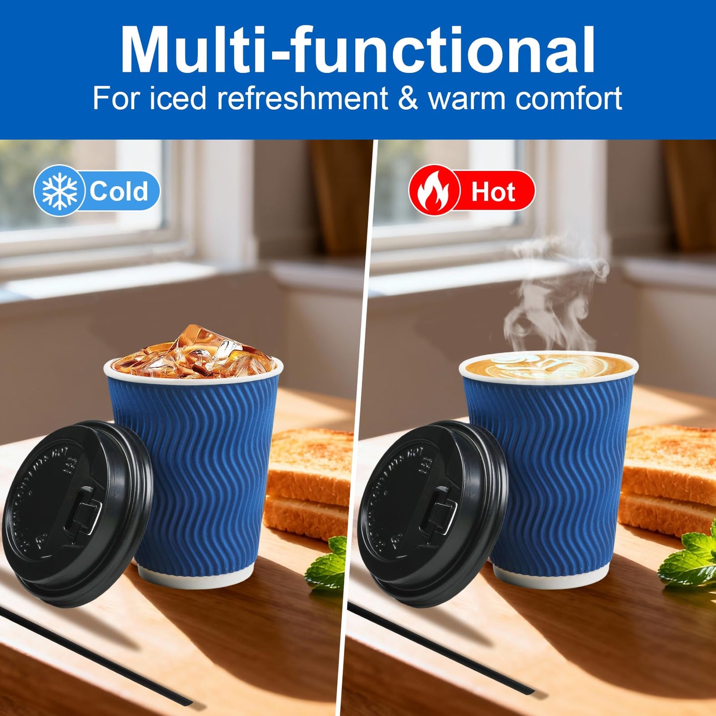 RAZCC Coffee Cups, 100 Pack 12 oz Disposable Blue Insulated Paper Cups, Corrugated Kraft Ripple Wall Cup, Comes With Lids and Straws, Suitable for Hot and Cold Drinks