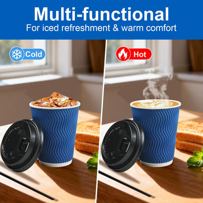 RAZCC Coffee Cups, 100 Pack 12 oz Disposable Blue Insulated Paper Cups, Corrugated Kraft Ripple Wall Cup, Comes With Lids and Straws, Suitable for Hot and Cold Drinks
