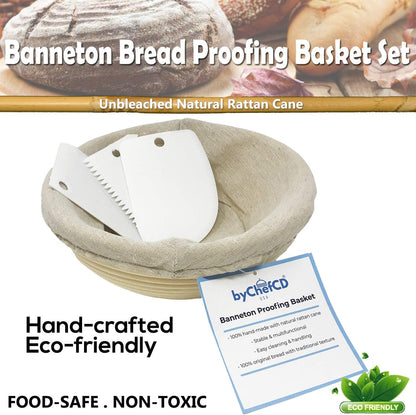 ChefCD 9 Inch Round Bread Proofing Basket Set - Cloth Liner, Bowl Scraper, Smoother for Home & Professional Bakers