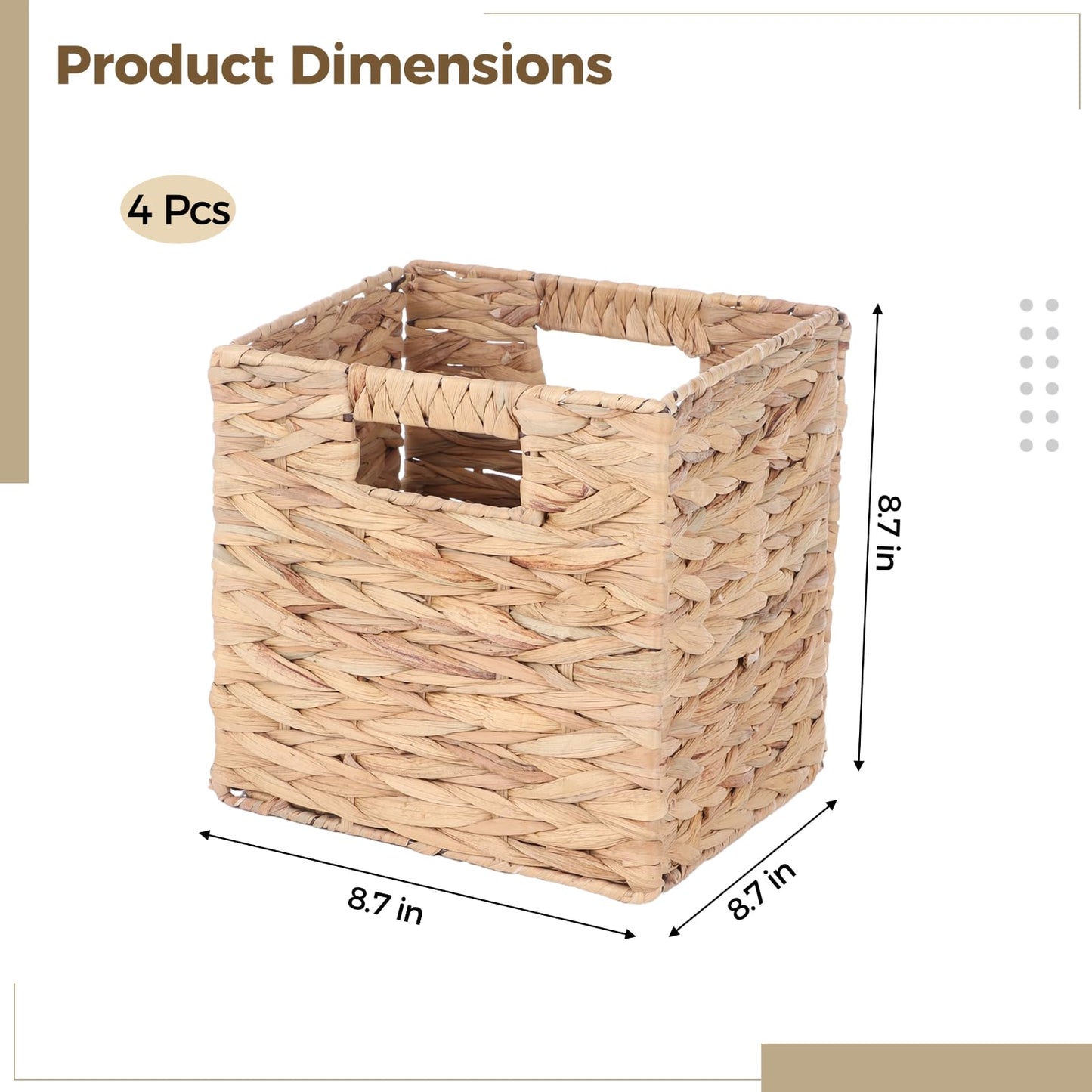 4 Pcs 9 Inch Wicker Cubes Storage Bins - Woven Water Hyacinth Storage Baskets, Foldable Bins with Handles, Collapsible Square Containers for Shelves, Closets, 8.7×8.7×8.7"
