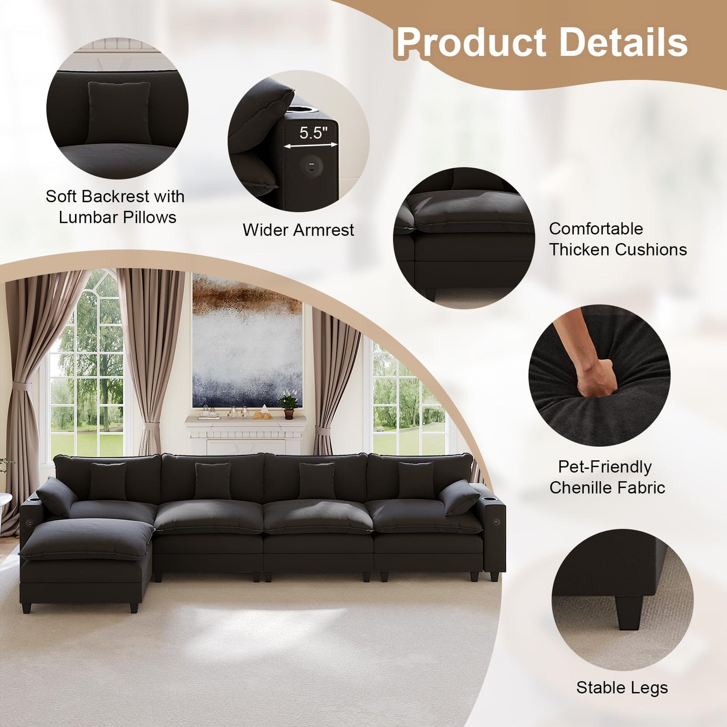 KCGKCG 152" Modular Sectional Sofa, L Shaped Cloud Couch with Movable Ottoman, Chenille Deep Seat Cloud Sofa with Charging Station, Cup Holder, Side Pocket, Sectional Couches for Living Room, Black