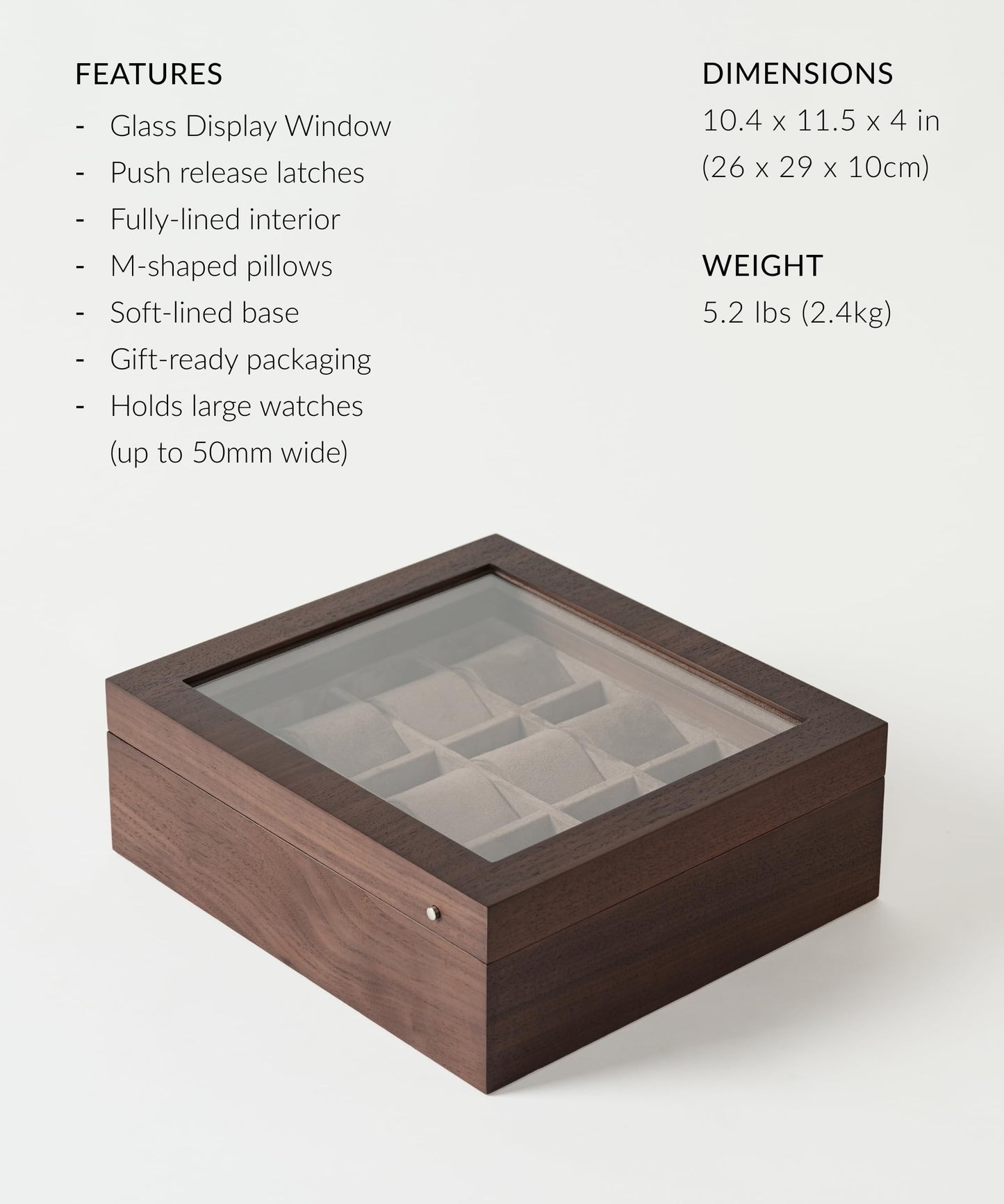 TAWBURY Wooden Watch Case - 12 Slot Wood Watch Box for Men & Women with Glass Display, Protective Fully Lined Interior and 2-inch Wide Pillows for Small & Large Watches (Dark Walnut)