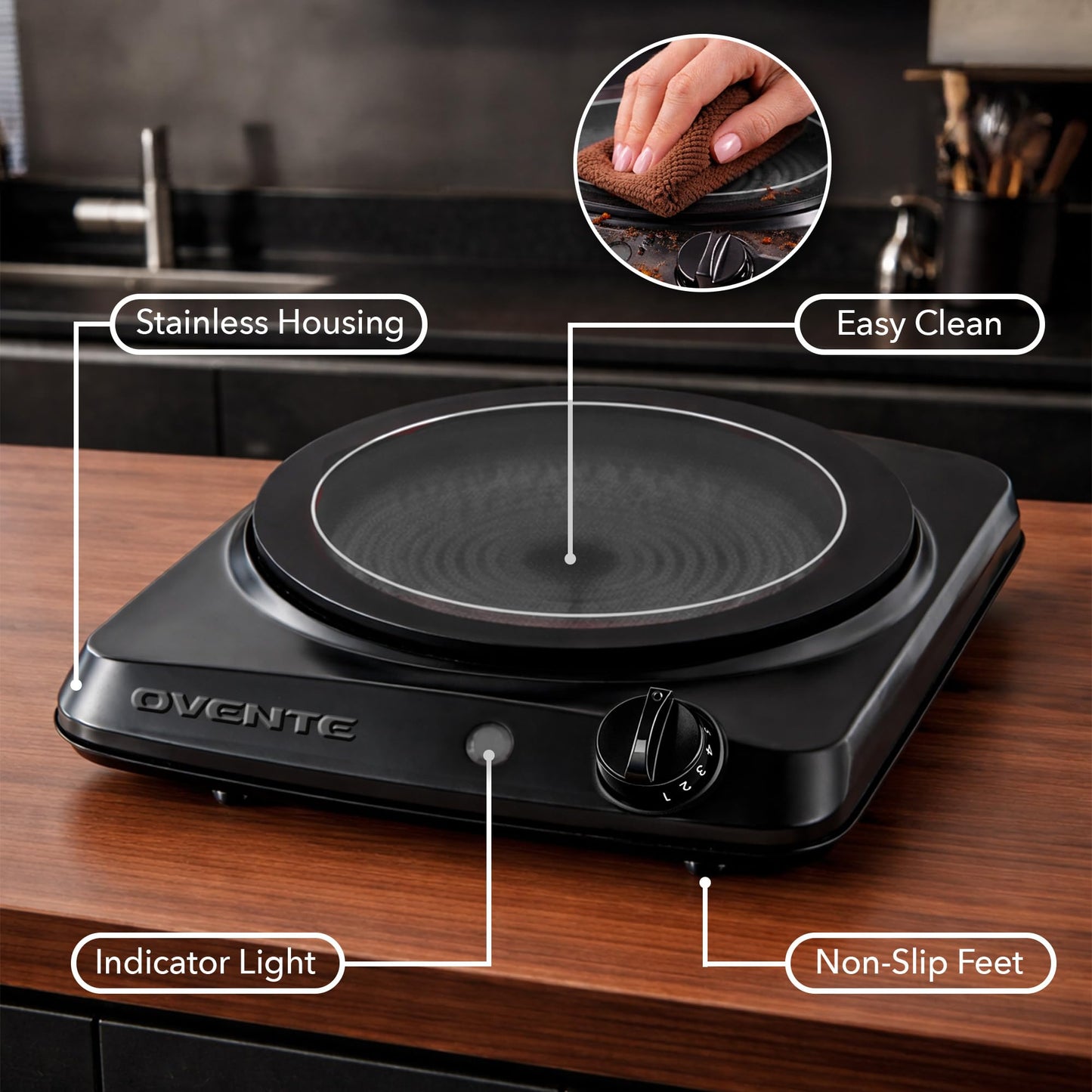 OVENTE Countertop Infrared Single Burner, 1000W Electric Hot Plate with 7” Ceramic Glass Cooktop, 5 Level Temperature Setting & Easy to Clean Base, Compact Stove for Home Dorm Office, Black BGI101B