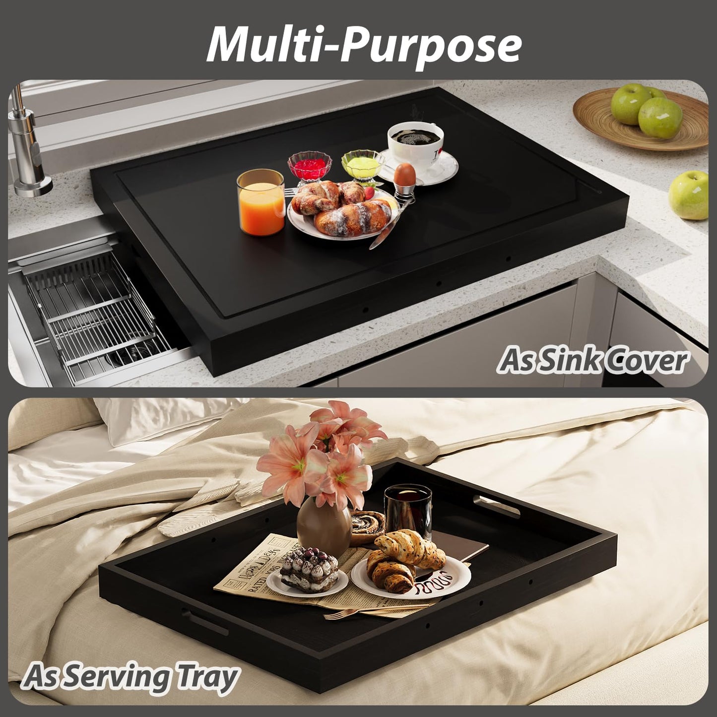 Wooden Stove Top Covers for Gas Burner and Electric Stove, Glass Cooktop Protector, Wood Noodle Board Stovetop Cover With Handles, Black