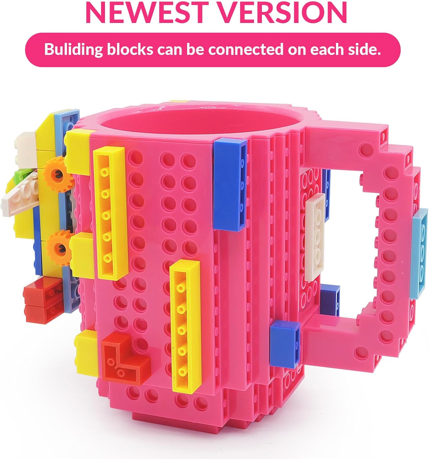 Build-on Brick Coffee Mug, Funny DIY Novelty Cup with Building Blocks for Kids, Men, Women, Xmas Birthday (Rose)