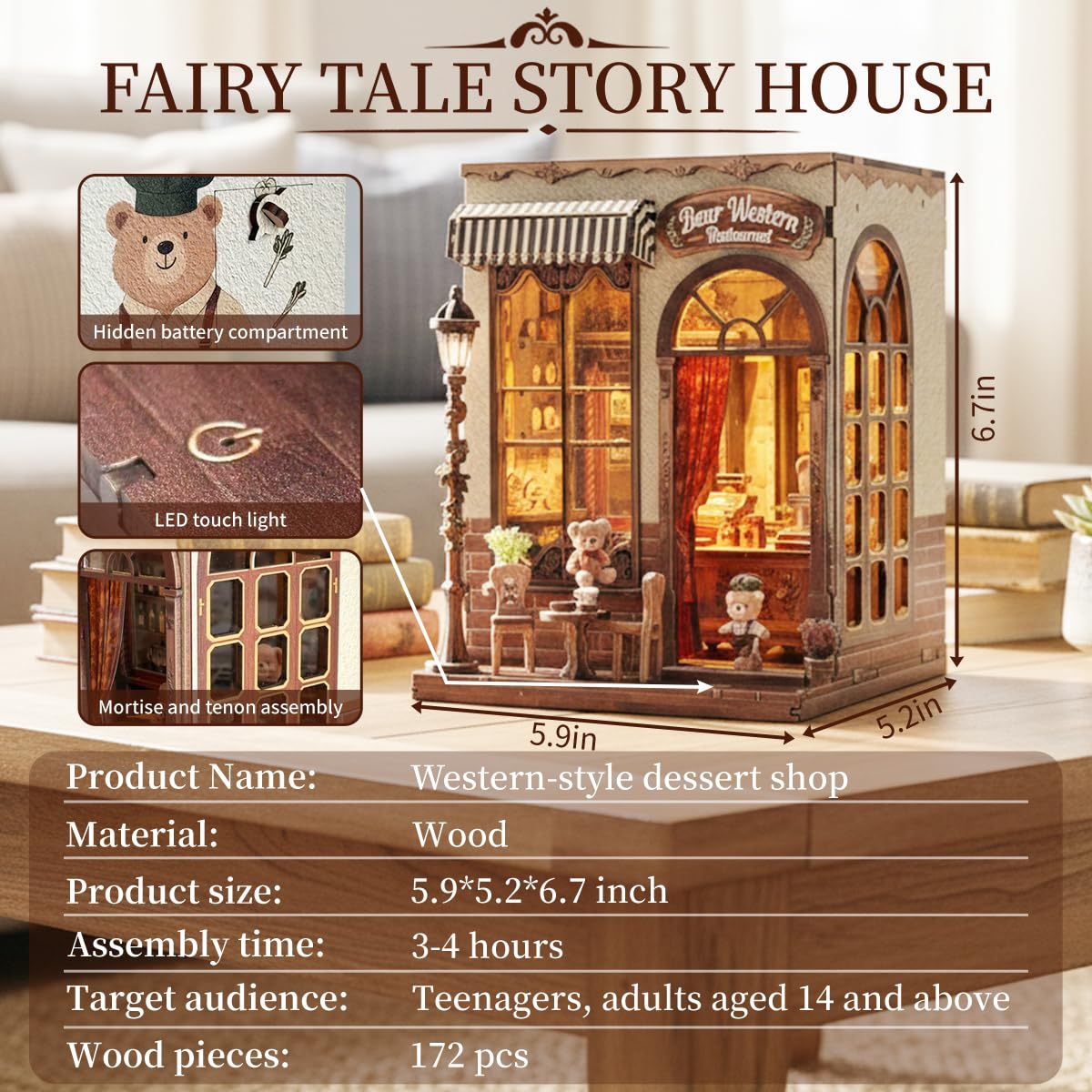 HYXBXSS Book Nook Kit, DIY Miniature House Dollhouse Kit for Adults, Bakery Patisserie Mini House Building Kit with LED, Booknook Kit Bookshelf Decor 3D Wooden Puzzles, Gifts for Family and Friends