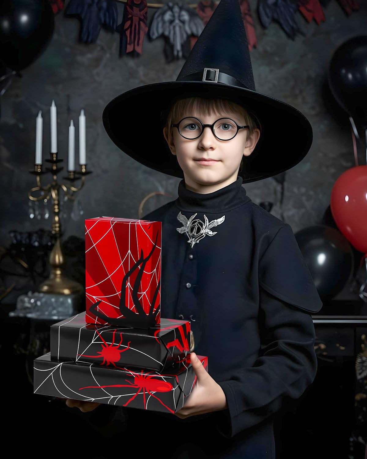 Pineraap 12 Sheets Black Spider Wrapping Paper, Gothic Red Spider Gift Wrap Paper, Nightmare Goth Decorative Craft Tissue Spider Party Decoration for Gothic Theme Birthday Party, 20"×28"