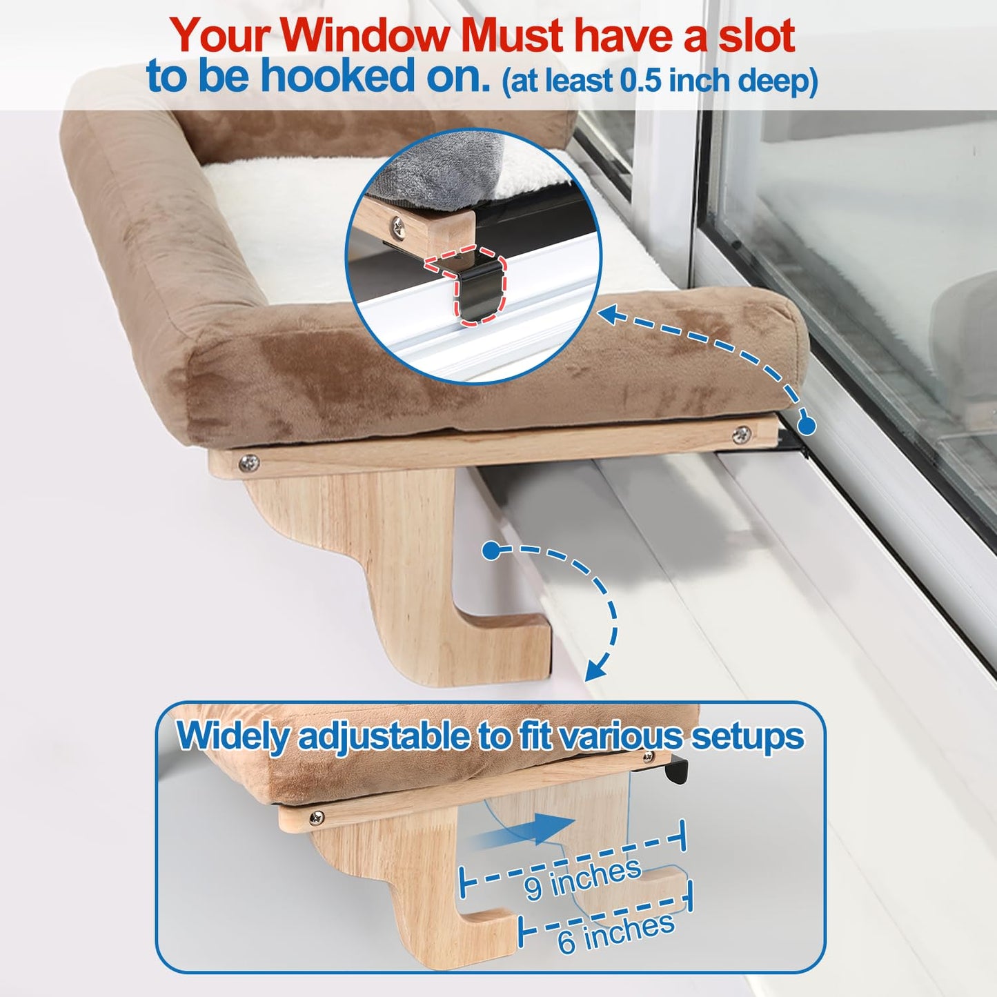 Zakkart Cat Perch for Window Sill with Bolster - Orthopedic Hammock Design with Premium Hardwood & Robust Metal Frame - Cat Window Seat for Large Cats and Kittens - Natural Color Wood with Gray Bed