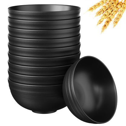 Quatish 10 PCS Unbreakable Cereal Bowls,Dishwasher & Microwave Safe Wheat Straw Bowls, Easy-to-Clean Lightweight Desserts & Soup Bowl, Portable for Picnics ，Snack Plastic Bowls Set,Black