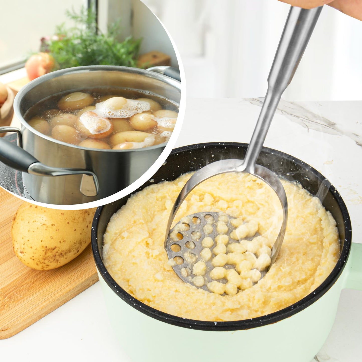 VOOVAO 2Pcs Long Handle Large Potato Smasher with Peeler,Mashed Potato Masher,Stainless Steel Masher Kitchen Tool for Bean,Vegetable,Food,Fruit,Salad